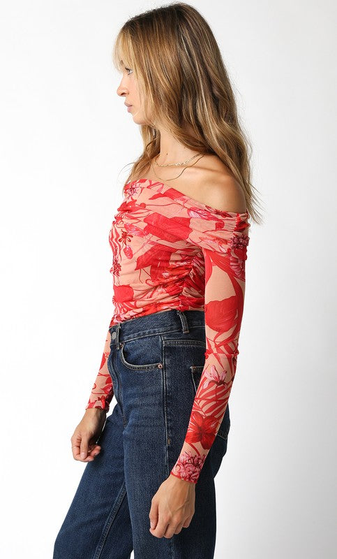 Long Sleeve Off The Shoulder Floral Print Bodysuit Red