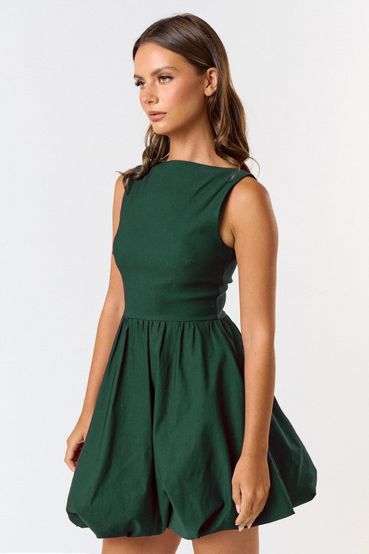  Sleeveless Boatneck Bubble Mini Dress Hunter Green