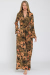 Long Sleeve Front Tie Floral Print Jumpsuit Olive