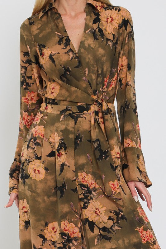 Long Sleeve Front Tie Floral Print Jumpsuit Olive