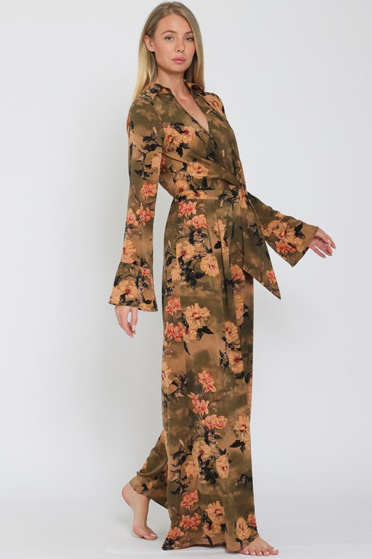 Long Sleeve Front Tie Floral Print Jumpsuit Olive