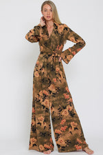 Long Sleeve Front Tie Floral Print Jumpsuit Olive