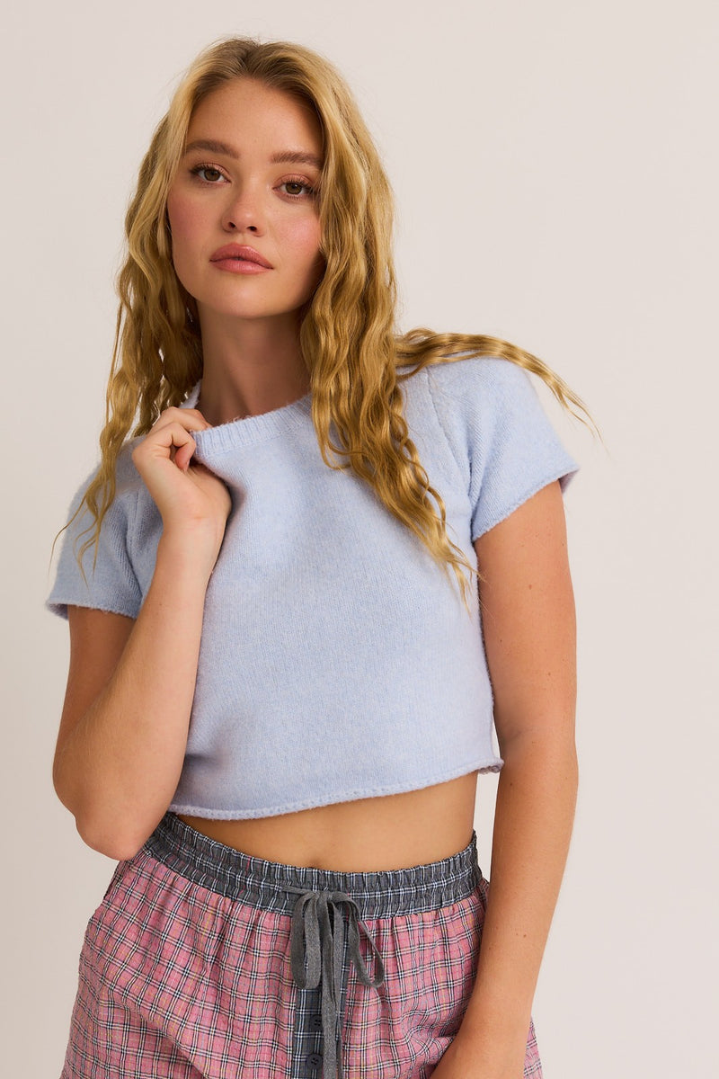 Waitlist 2/5 ♥ Maryann Short Sleeve Cropped Sweater Top Blue