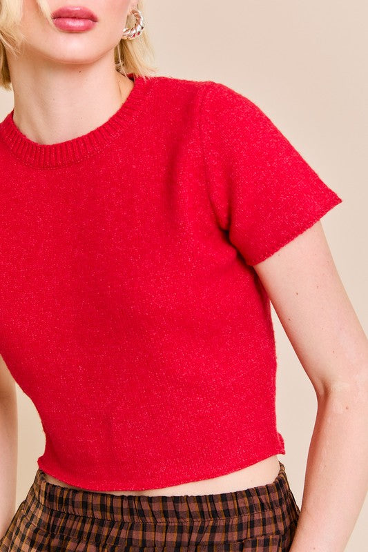 Short Sleeve Cropped Sweater Top Red