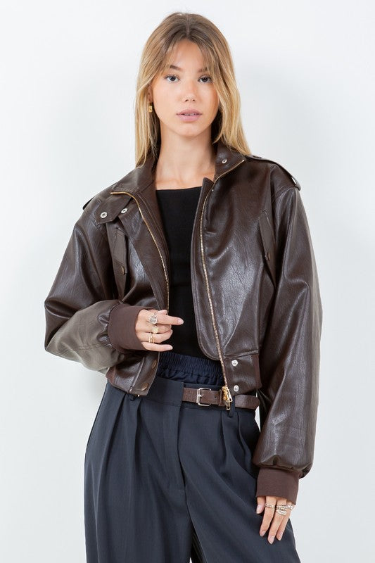 Vegan Leather Cropped Bomber Jacket Brown