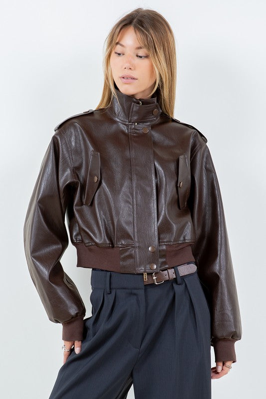 Vegan Leather Cropped Bomber Jacket Brown