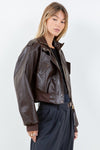 Vegan Leather Cropped Bomber Jacket Brown