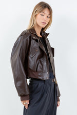 Vegan Leather Cropped Bomber Jacket Brown