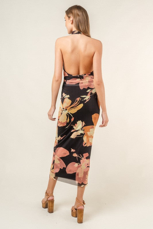 Halter Neck Floral Print Mesh Midi Dress Black