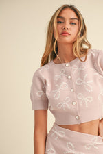 Knit Sweater Bow Print Top And Mini Skirt Set Pink