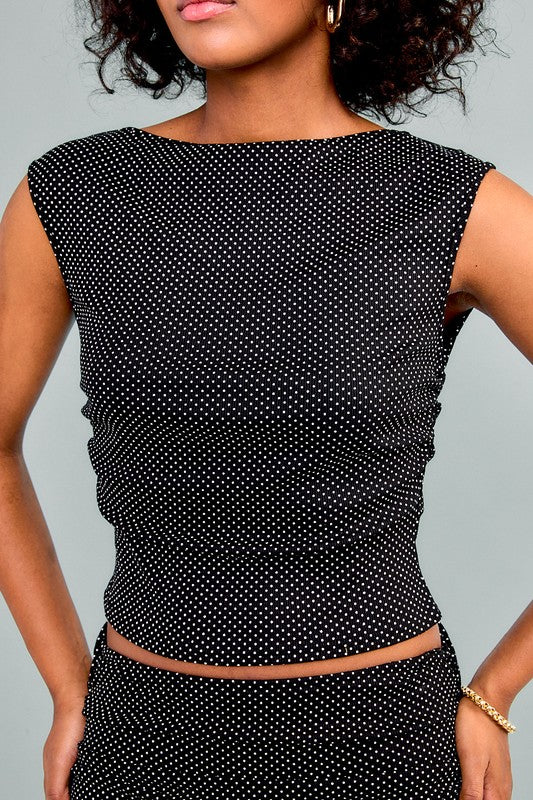  Sleeveless Boatneck Polka Dot Print Top Black