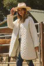 Long Sleeve Floral Print Quilted Long Jacket Ivory