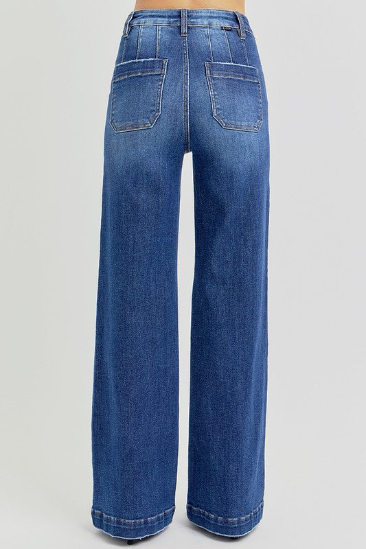 High Rise Slanted Pocket Wide Leg Jeans Dark Wash