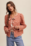  Long Sleeve Bow Tie Floral Print Quilted Jacket Rust