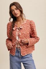  Long Sleeve Bow Tie Floral Print Quilted Jacket Rust