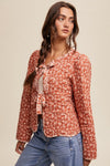  Long Sleeve Bow Tie Floral Print Quilted Jacket Rust