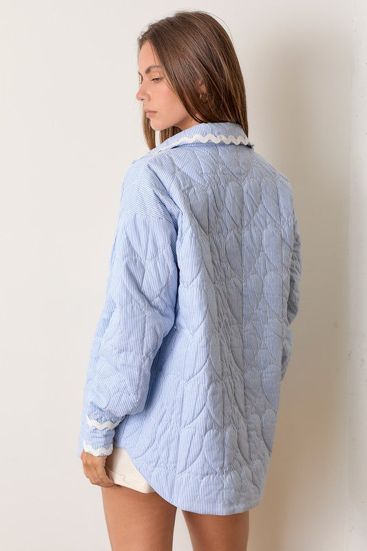 Long Sleeve Stripe Print Button Down Quilted Jacket Blue