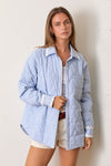 Long Sleeve Stripe Print Button Down Quilted Jacket Blue