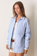 Long Sleeve Stripe Print Button Down Quilted Jacket Blue