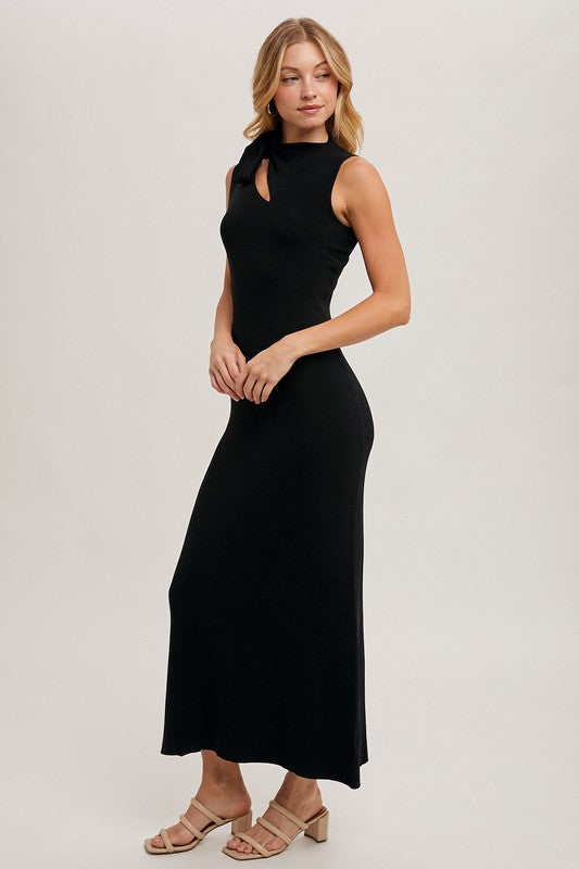 Sleeveless Front Tie Cut Out Knit Midi Dress Black