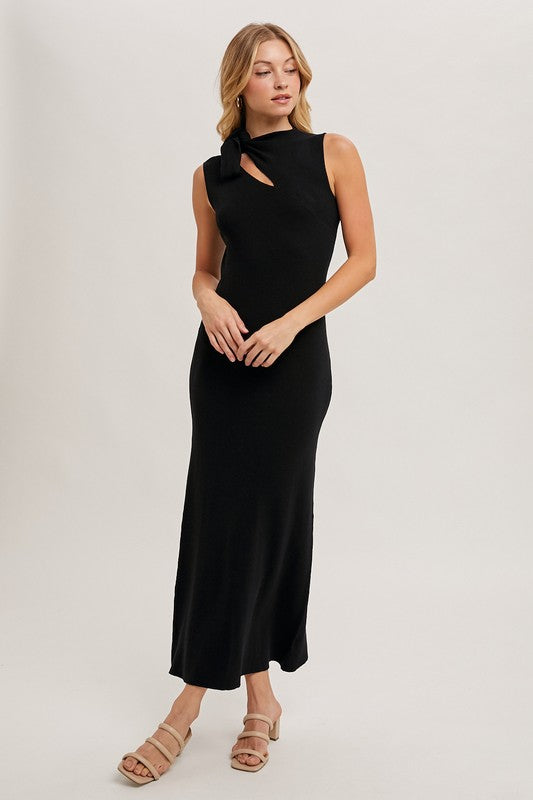 Sleeveless Front Tie Cut Out Knit Midi Dress Black