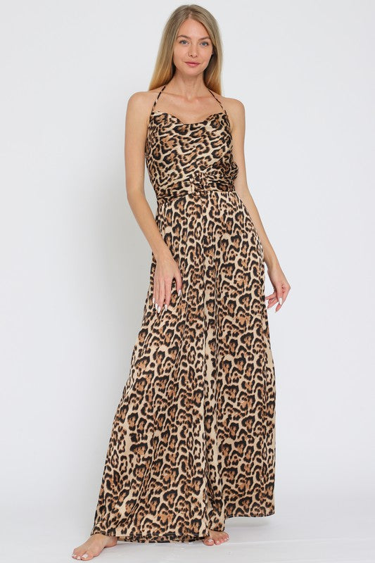  Sleeveless Cowl Neck Leopard Print Jumpsuit Brown