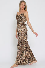  Sleeveless Cowl Neck Leopard Print Jumpsuit Brown