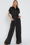 Short Sleeve Waist Tie Wide Leg Satin Jumpsuit Black