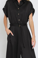 Short Sleeve Waist Tie Wide Leg Satin Jumpsuit Black