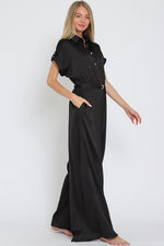 Short Sleeve Waist Tie Wide Leg Satin Jumpsuit Black