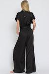 Short Sleeve Waist Tie Wide Leg Satin Jumpsuit Black