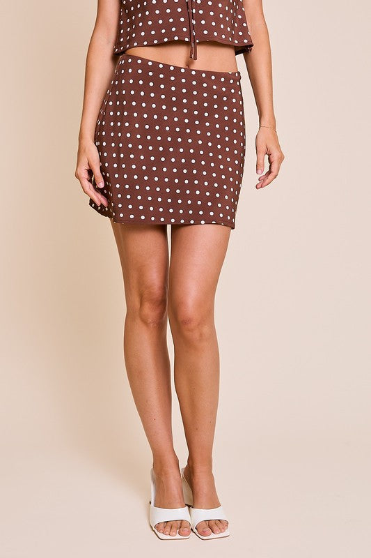 Sleeveless Polka Dot Print Top And Mini Skirt Set Brown