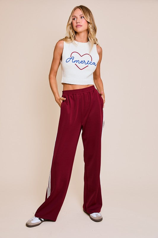 High Waist Stripe Print Track Pants Burgundy