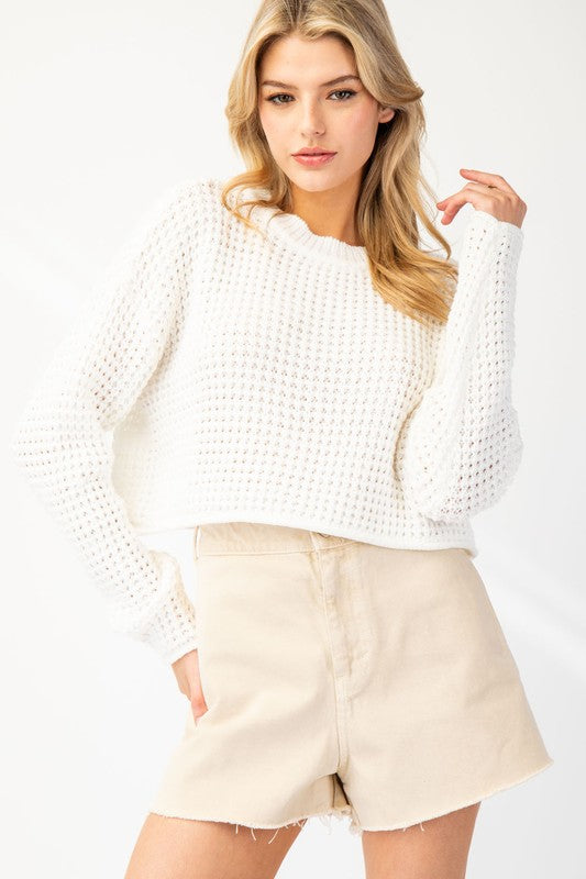 Long Sleeve Cropped Knit Sweater Top White