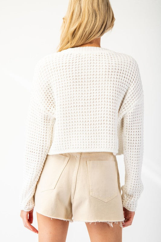 Long Sleeve Cropped Knit Sweater Top White