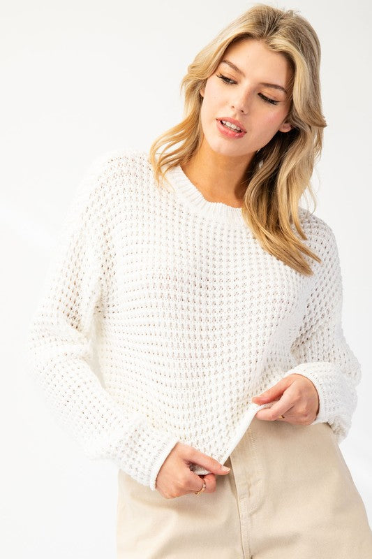 Long Sleeve Cropped Knit Sweater Top White