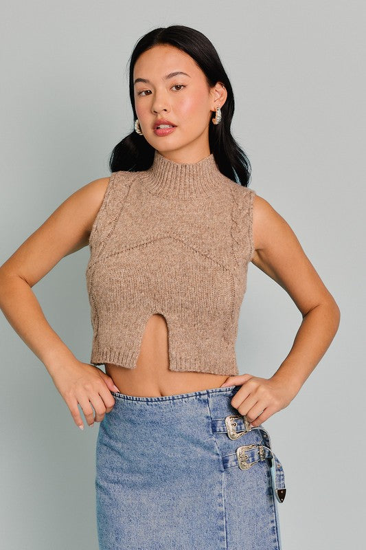 Mock Neck Cut Out Cropped Sweater Top Mocha