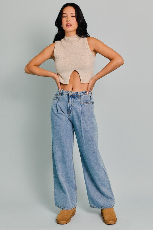  Mock Neck Cut Out Cropped Sweater Top Oatmeal