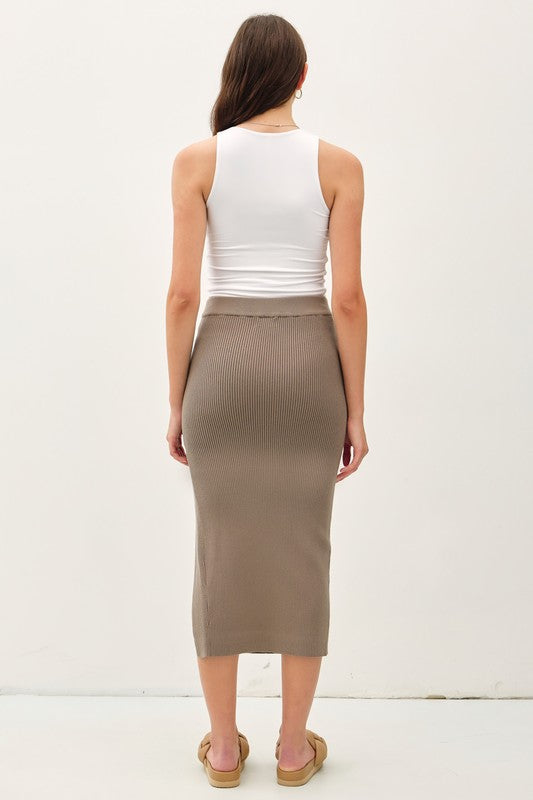  High Waist Rib Knit Midi Skirt Taupe