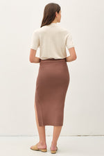 High Waist Rib Knit Midi Skirt Brown