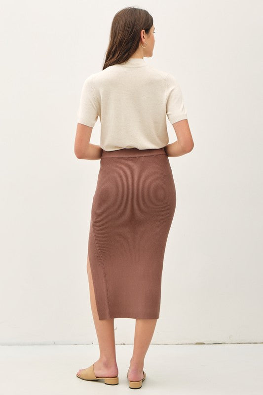 High Waist Rib Knit Midi Skirt Brown