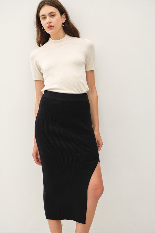  High Waist Rib Knit Midi Skirt Black