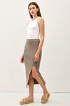  High Waist Rib Knit Midi Skirt Taupe