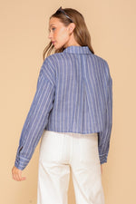 Long Sleeve Button Down Stripe Print Crop Top Blue