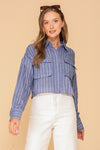 Long Sleeve Button Down Stripe Print Crop Top Blue