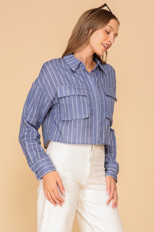 Long Sleeve Button Down Stripe Print Crop Top Blue