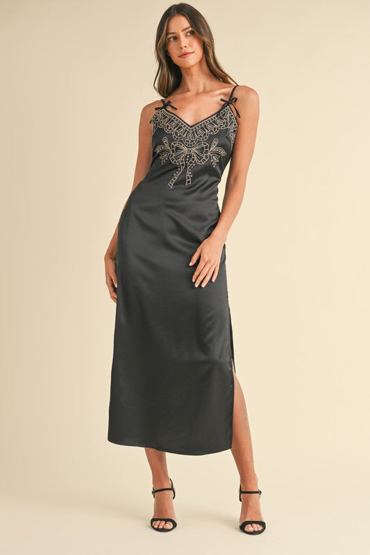 Sleeveless Embroidered Satin Midi Dress Black