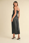 Sleeveless Embroidered Satin Midi Dress Black