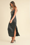 Sleeveless Embroidered Satin Midi Dress Black