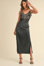 Sleeveless Embroidered Satin Midi Dress Black